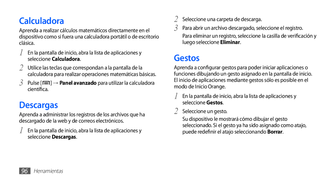 Samsung GT-S5830PPAXEC, GT-S5830UWAXEC, GT-S5830RWAATL, GT-S5830PPAYOG, GT-S5830OKAAMN manual Calculadora, Descargas, Gestos 