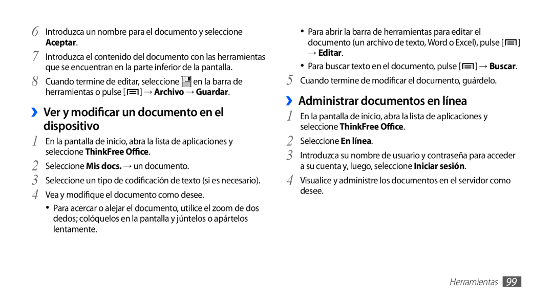 Samsung GT-S5830RWAXEC, GT-S5830UWAXEC, GT-S5830RWAATL manual Documento en el, Dispositivo, ››Administrar documentos en línea 