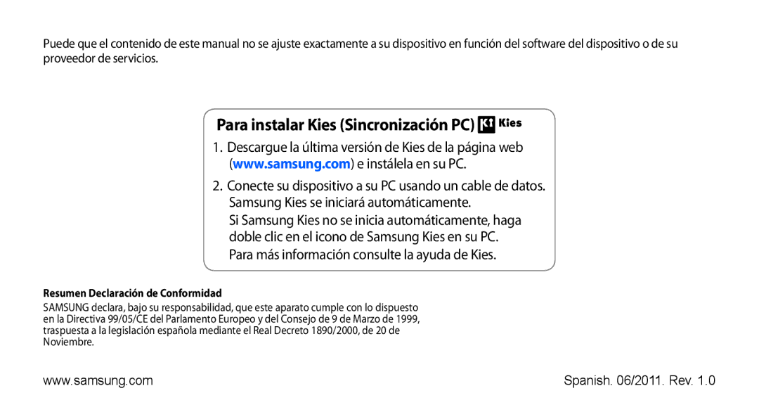 Samsung GT-S5830RWAATL, GT-S5830UWAXEC manual Para instalar Kies Sincronización PC, Resumen Declaración de Conformidad 