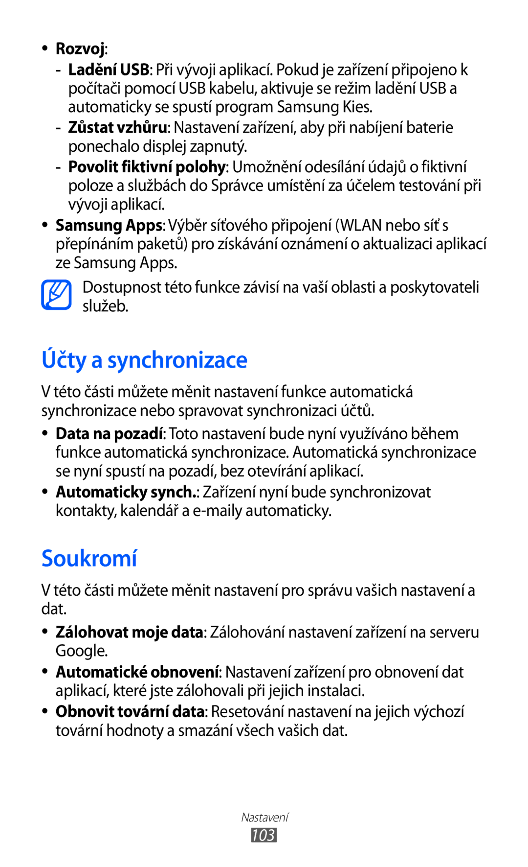 Samsung GT2S5830OKIVDC, GT-S5830UWIATO, GT-S5830OKIATO, GT-S5830OKIORS manual Účty a synchronizace, Soukromí, Rozvoj, 103 