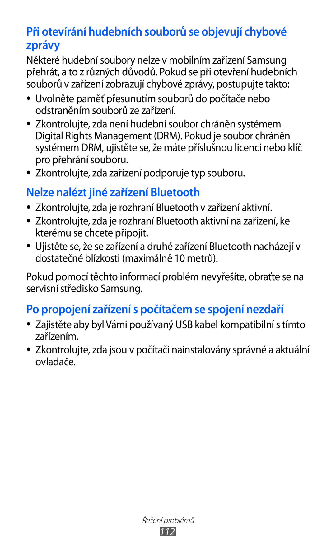 Samsung GT-S5830OKISUW, GT-S5830UWIATO, GT-S5830OKIATO manual Při otevírání hudebních souborů se objevují chybové zprávy, 112 