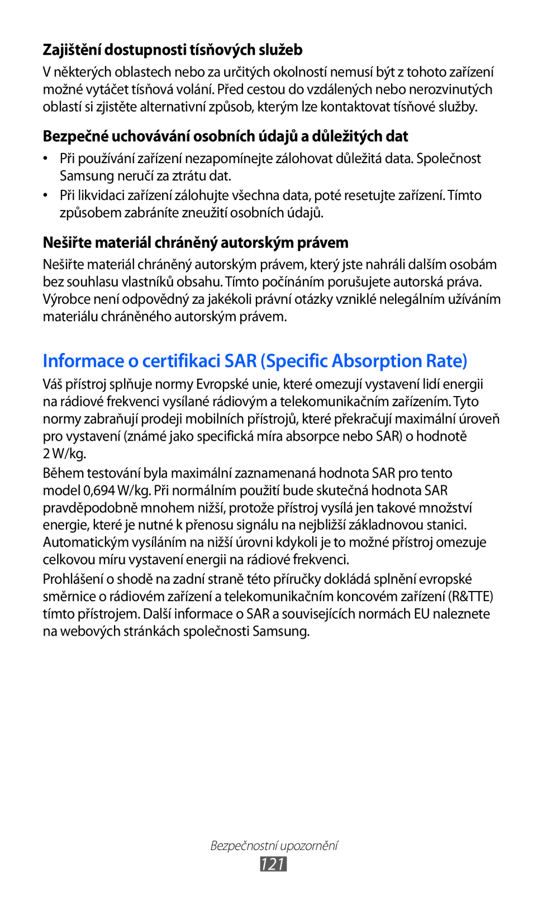 Samsung GT-S5830OKITMZ, GT-S5830UWIATO, GT-S5830OKIATO, GT-S5830OKIORS manual 121, Zajištění dostupnosti tísňových služeb 