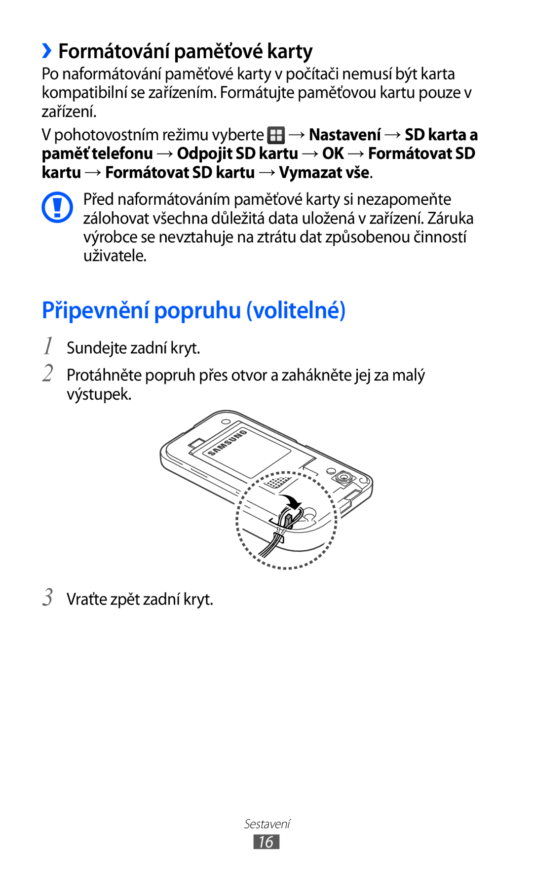 Samsung GT2S5830OKIVDC, GT-S5830UWIATO, GT-S5830OKIATO manual Připevnění popruhu volitelné, ››Formátování paměťové karty 