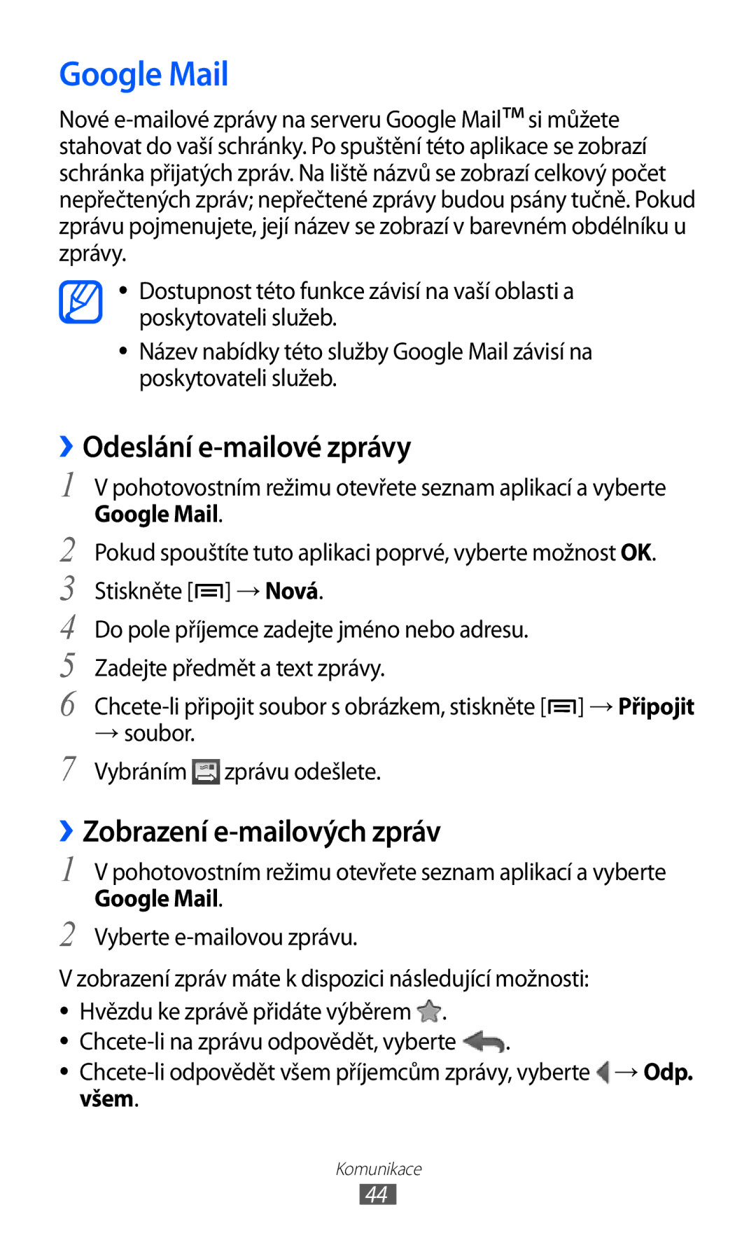 Samsung GT2S5830PPIXSK, GT-S5830UWIATO manual Google Mail, ››Odeslání e-mailové zprávy, ››Zobrazení e-mailových zpráv 