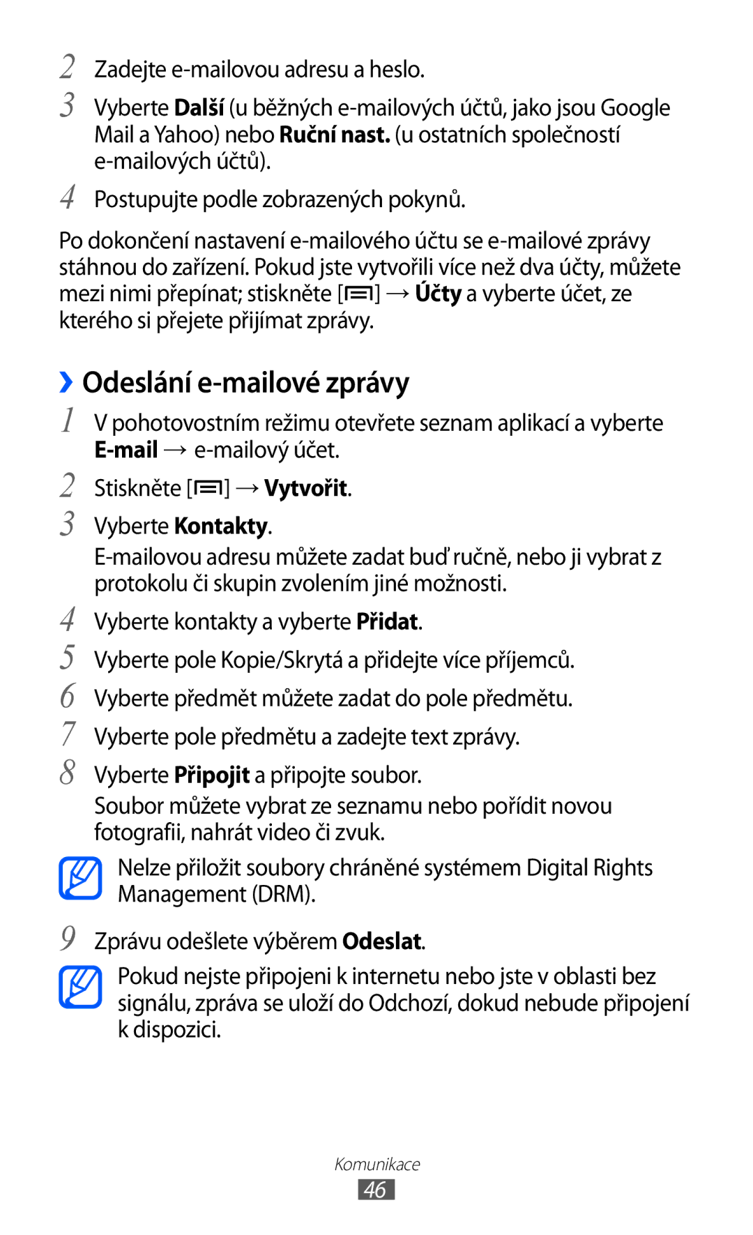 Samsung GT2S5830OKITMZ, GT-S5830UWIATO, GT-S5830OKIATO, GT-S5830OKIORS, GT2S5830PPIXEZ manual ››Odeslání e-mailové zprávy 