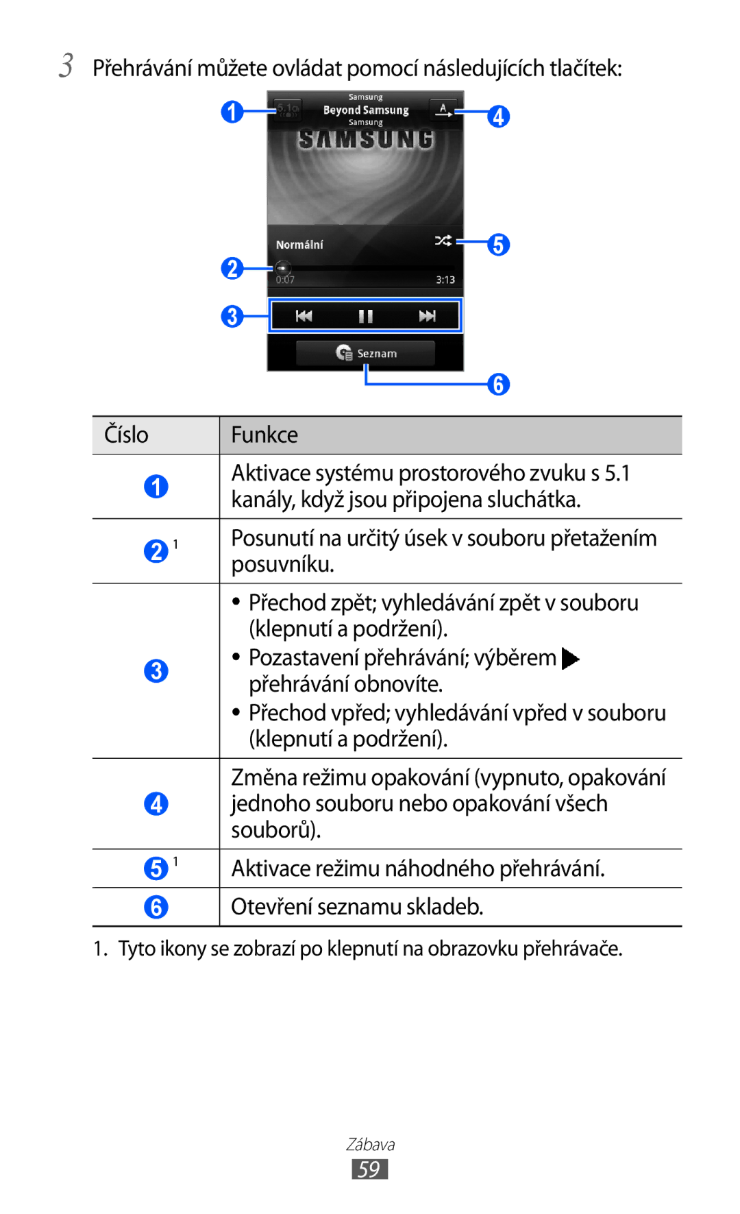 Samsung GT-S5830OKIATO, GT-S5830UWIATO Posuvníku, Klepnutí a podržení, Pozastavení přehrávání výběrem, Přehrávání obnovíte 