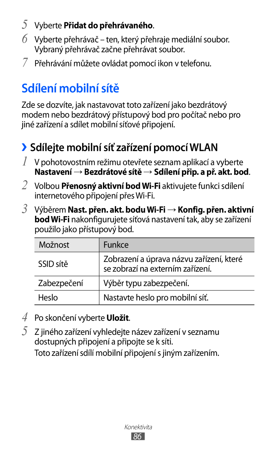 Samsung GT2S5830OKIO2C Sdílení mobilní sítě, ››Sdílejte mobilní síť zařízení pomocí Wlan, Vyberte Přidat do přehrávaného 