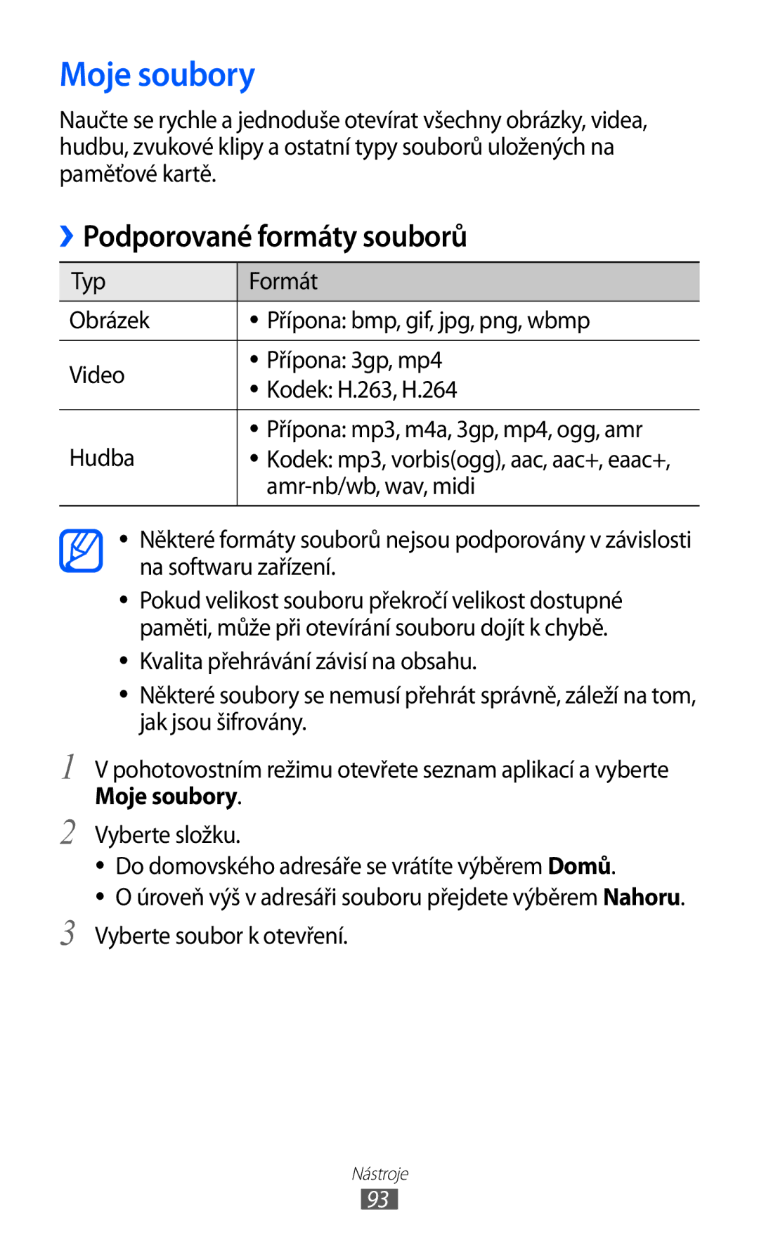 Samsung GT-S5830OKIO2C, GT-S5830UWIATO, GT-S5830OKIATO manual Moje soubory, Podporované formáty souborů, Amr-nb/wb, wav, midi 