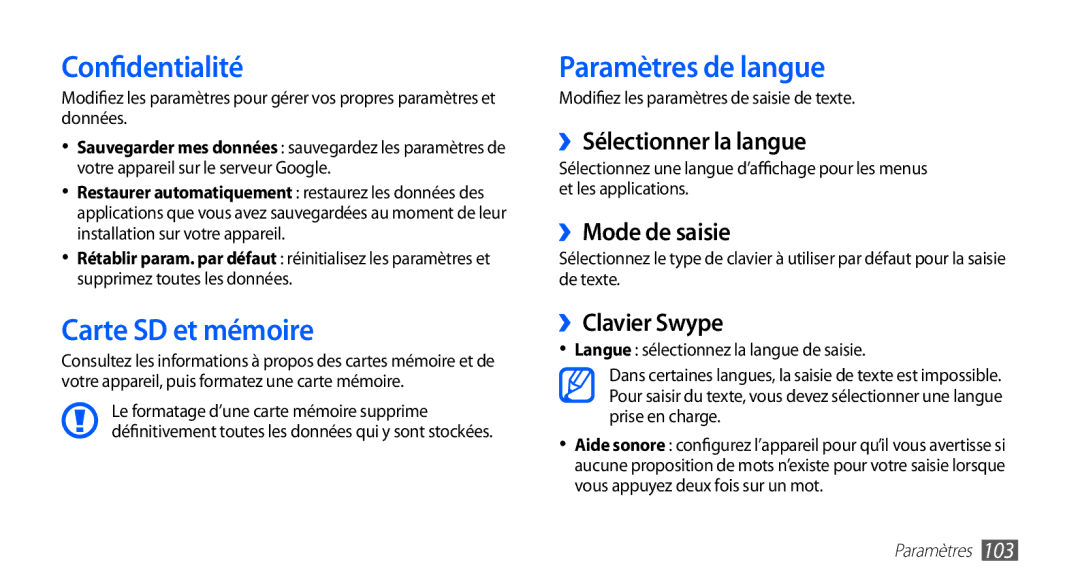 Samsung GT-S5830OKIBOG, GT-S5830UWIBOG, GT-S5830RWIVGF manual Confidentialité, Carte SD et mémoire, Paramètres de langue 