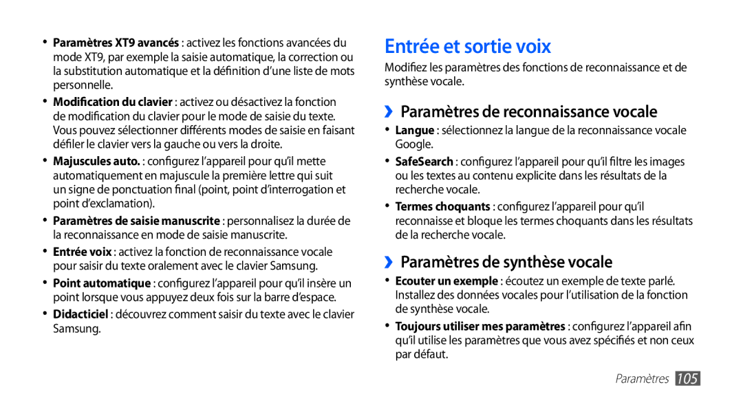 Samsung GT-S5830RWILPM manual Entrée et sortie voix, ››Paramètres de reconnaissance vocale, ››Paramètres de synthèse vocale 