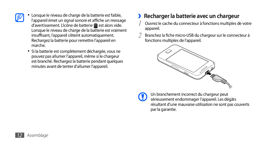 Samsung GT-S5830RWINRJ manual ››Recharger la batterie avec un chargeur, Appareil, Fonctions multiples de l’appareil 