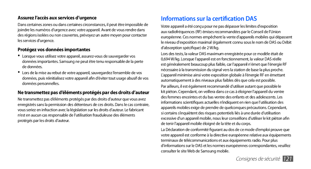 Samsung GT-S5830RWIVGF, GT-S5830UWIBOG manual Assurez l’accès aux services d’urgence, Protégez vos données importantes 