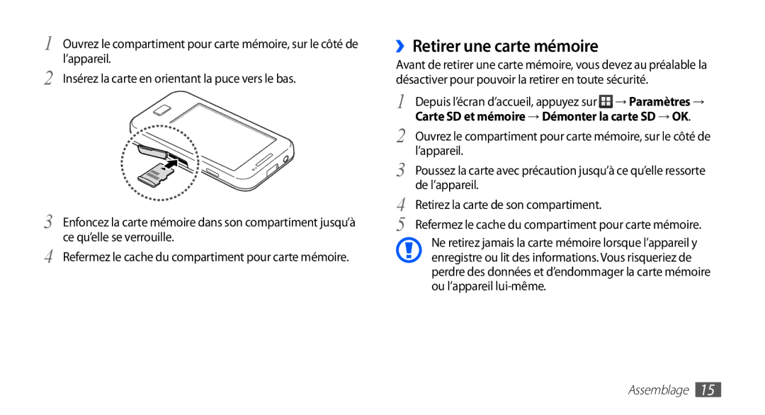 Samsung GT-S5830RWIXEF manual ››Retirer une carte mémoire, De l’appareil, Retirez la carte de son compartiment 