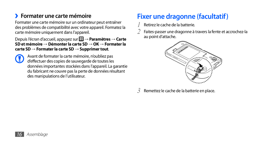 Samsung GT-S5830RWIFTM, GT-S5830UWIBOG, GT-S5830RWIVGF manual Fixer une dragonne facultatif, ››Formater une carte mémoire 