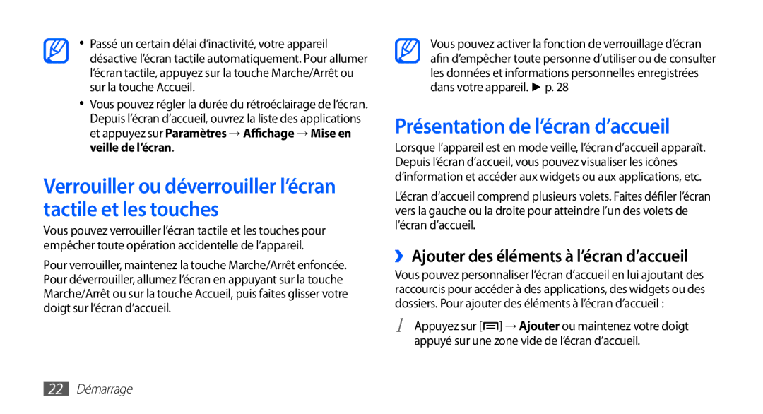 Samsung GT-S5830OKISFR Verrouiller ou déverrouiller l’écran tactile et les touches, Présentation de l’écran d’accueil 