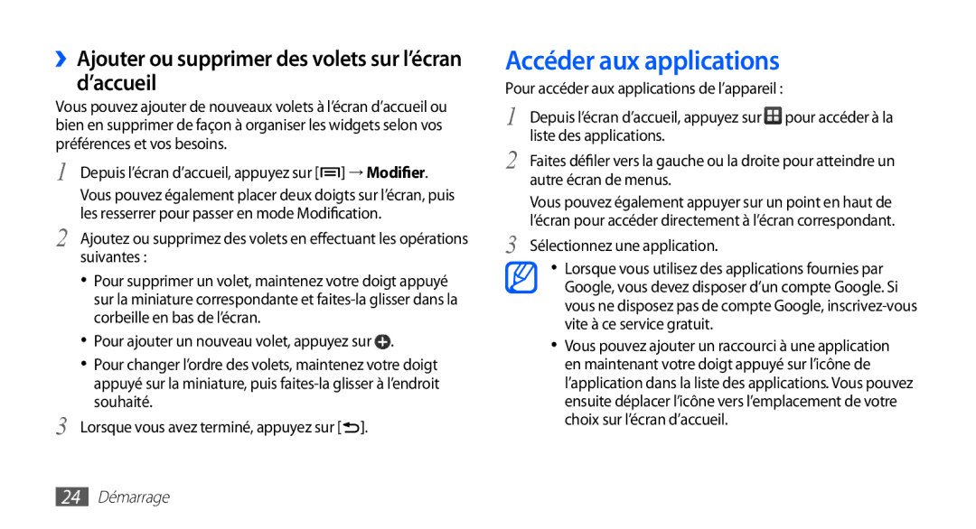 Samsung GT-S5830UWIFTM Accéder aux applications, ››Ajouter ou supprimer des volets sur l’écran d’accueil, 24 Démarrage 