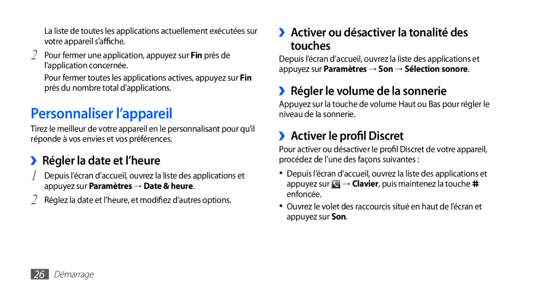 Samsung GT-S5830OKIXEF manual Personnaliser l’appareil, ››Régler la date et l’heure, ››Régler le volume de la sonnerie 