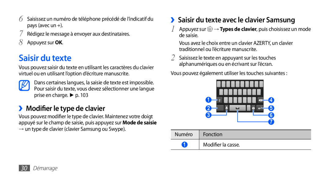 Samsung GT-S5830RWISFR manual ››Modifier le type de clavier, ››Saisir du texte avec le clavier Samsung, 30 Démarrage 