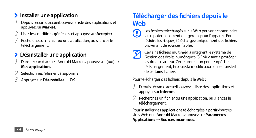 Samsung GT-S5830OKINRJ Télécharger des fichiers depuis le Web, ››Installer une application, ››Désinstaller une application 