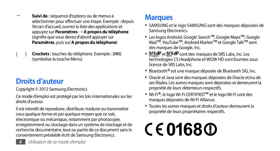 Samsung GT-S5830UWIFTM Droits d’auteur, Marques, → Suivi de séquence d’options ou de menus à, Symbolise la touche Menu 