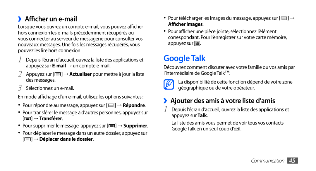 Samsung GT-S5830RWILPM, GT-S5830UWIBOG manual Google Talk, ››Afficher un e-mail, ››Ajouter des amis à votre liste d’amis 