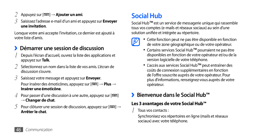 Samsung GT-S5830OKIXEF, GT-S5830UWIBOG manual ››Démarrer une session de discussion, ››Bienvenue dans le Social Hub 