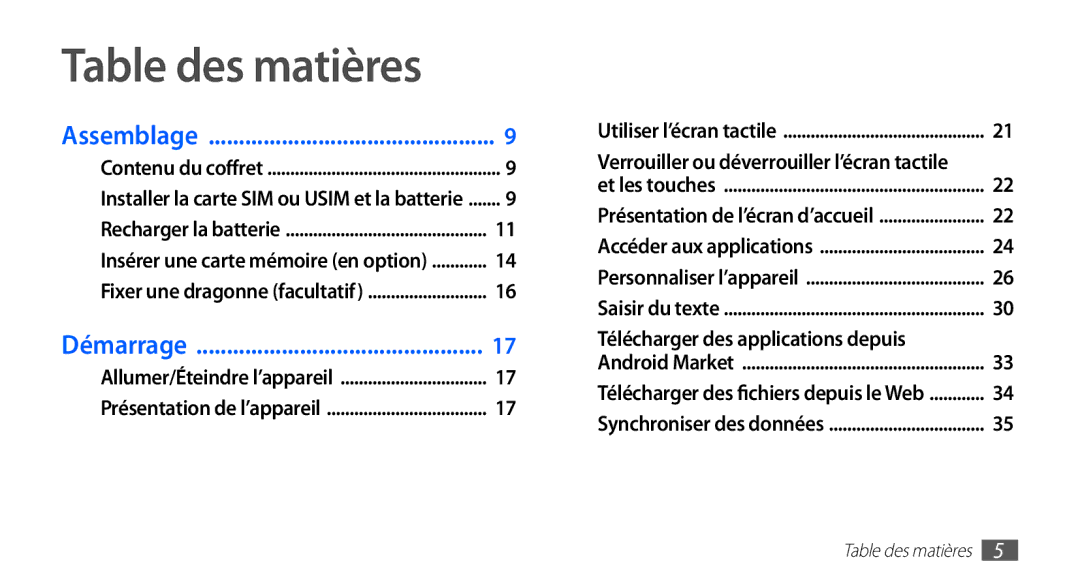 Samsung GT-S5830RWILPM, GT-S5830UWIBOG, GT-S5830RWIVGF Verrouiller ou déverrouiller l’écran tactile, Table des matières 