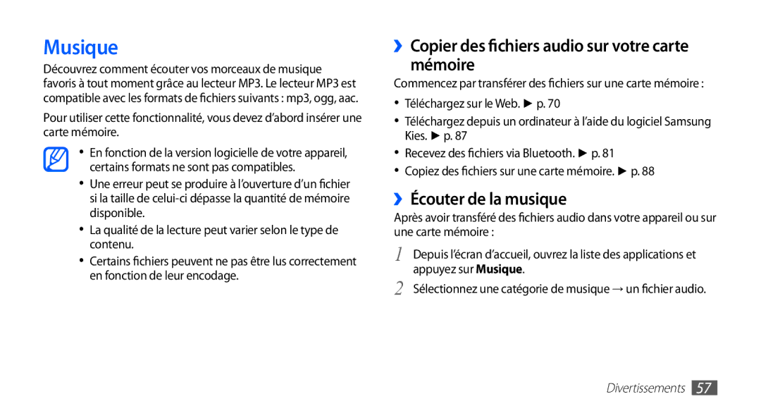 Samsung GT-S5830RWIFRE manual Musique, ››Copier des fichiers audio sur votre carte mémoire, ››Écouter de la musique 