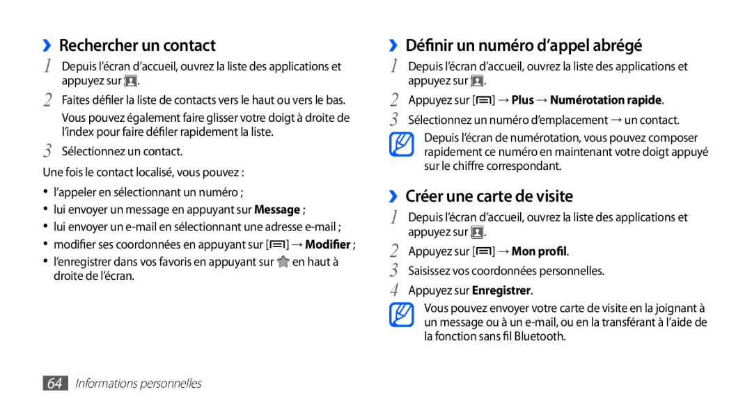 Samsung GT-S5830UWIFTM, GT-S5830UWIBOG manual ››Rechercher un contact, Numéro d’appel abrégé, ››Créer une carte de visite 