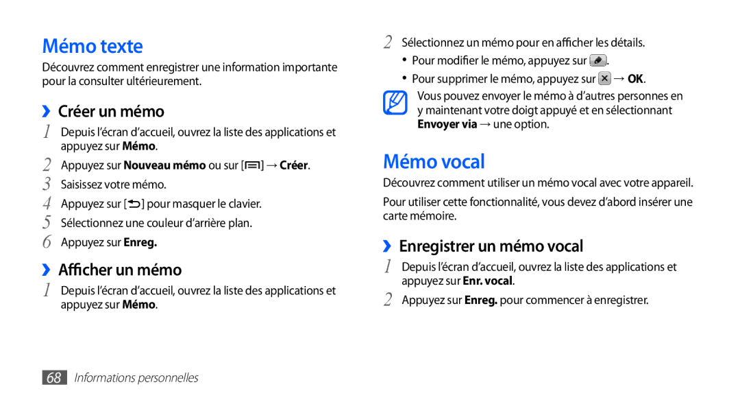 Samsung GT-S5830UWINRJ manual Mémo texte, Mémo vocal, ››Créer un mémo, ››Afficher un mémo, ››Enregistrer un mémo vocal 