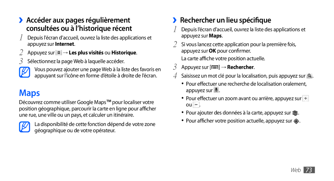 Samsung GT-S5830OKIVGF, GT-S5830UWIBOG, GT-S5830RWIVGF manual Maps, ››Rechercher un lieu spécifique, Appuyez sur Internet 