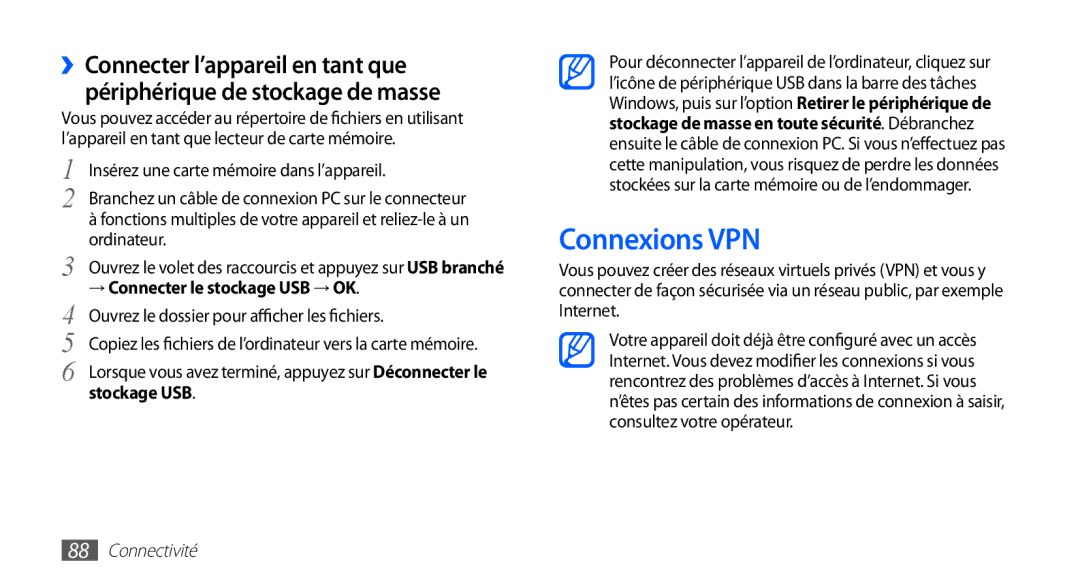 Samsung GT-S5830UWINRJ, GT-S5830UWIBOG, GT-S5830RWIVGF manual Connexions VPN, → Connecter le stockage USB → OK, Stockage USB 