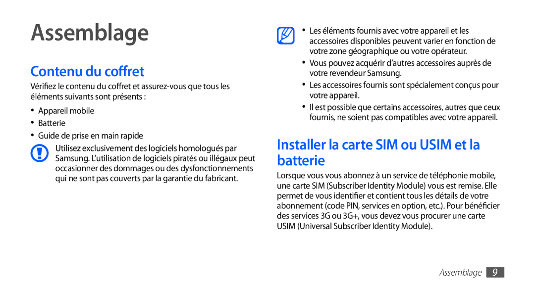 Samsung GT-S5830UWIFRE, GT-S5830UWIBOG manual Assemblage, Contenu du coffret, Installer la carte SIM ou Usim et la batterie 