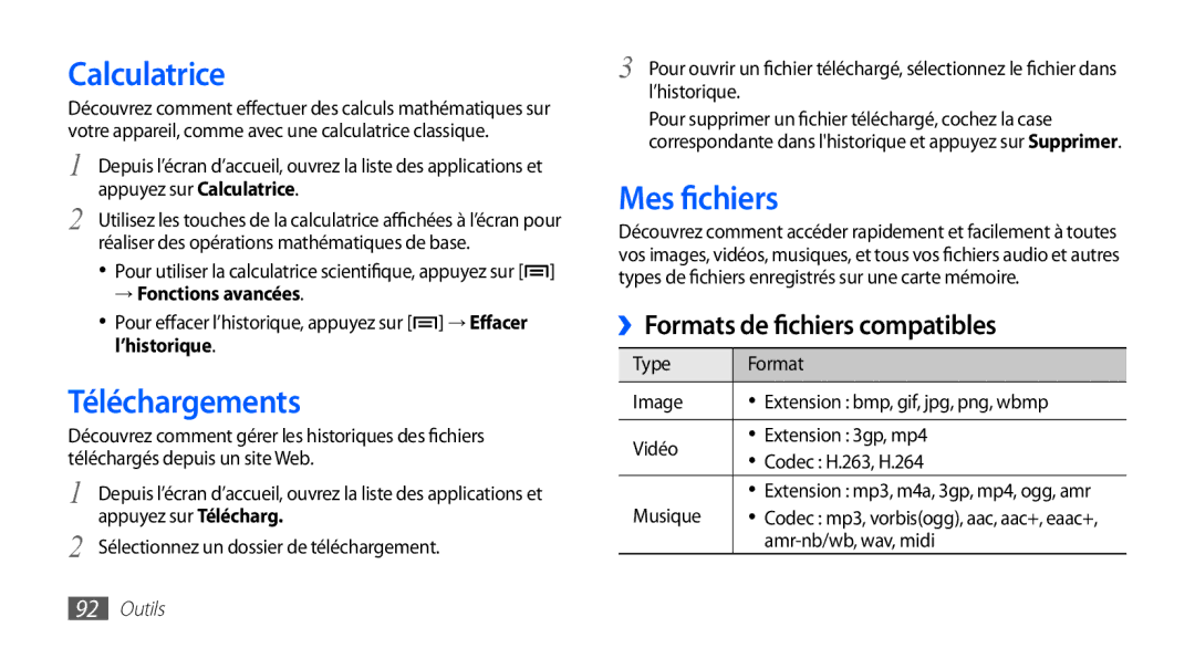 Samsung GT-S5830RWINRJ, GT-S5830UWIBOG, GT-S5830RWIVGF Calculatrice, Téléchargements, Mes fichiers, Amr-nb/wb, wav, midi 