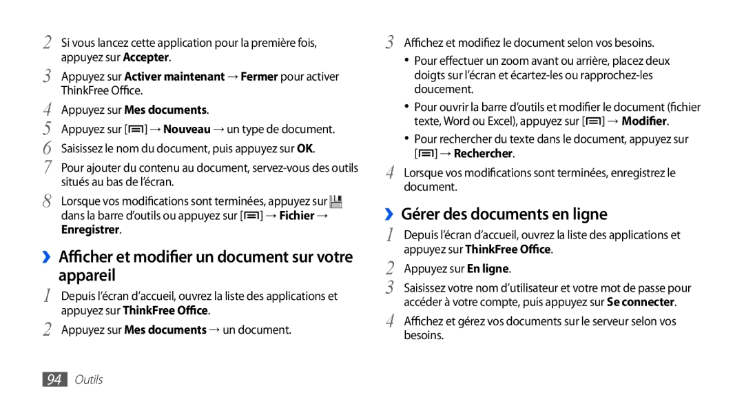 Samsung GT-S5830OKINRJ manual ››Afficher et modifier un document sur votre appareil, ››Gérer des documents en ligne 