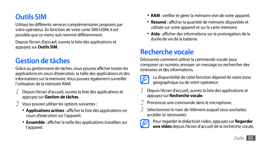 Samsung GT-S5830RWIXEF, GT-S5830UWIBOG, GT-S5830RWIVGF, GT-S5830OKISFR manual Outils SIM, Gestion de tâches, Recherche vocale 