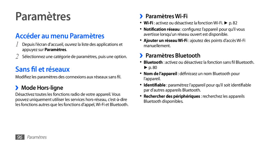 Samsung GT-S5830RWIFTM, GT-S5830UWIBOG, GT-S5830RWIVGF, GT-S5830OKISFR Accéder au menu Paramètres, Sans fil et réseaux 