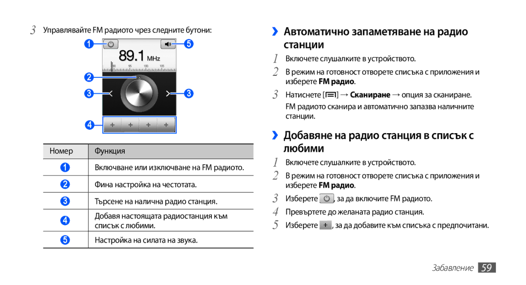 Samsung GT-S5830UWIMTL manual ››Автоматично запаметяване на радио станции, Любими, ››Добавяне на радио станция в списък с 