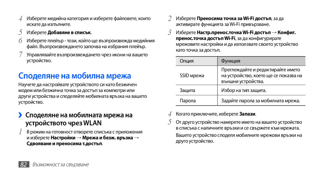 Samsung GT2S5830RWIGBL manual Споделяне на мобилна мрежа, ››Споделяне на мобилната мрежа на устройството чрез Wlan 