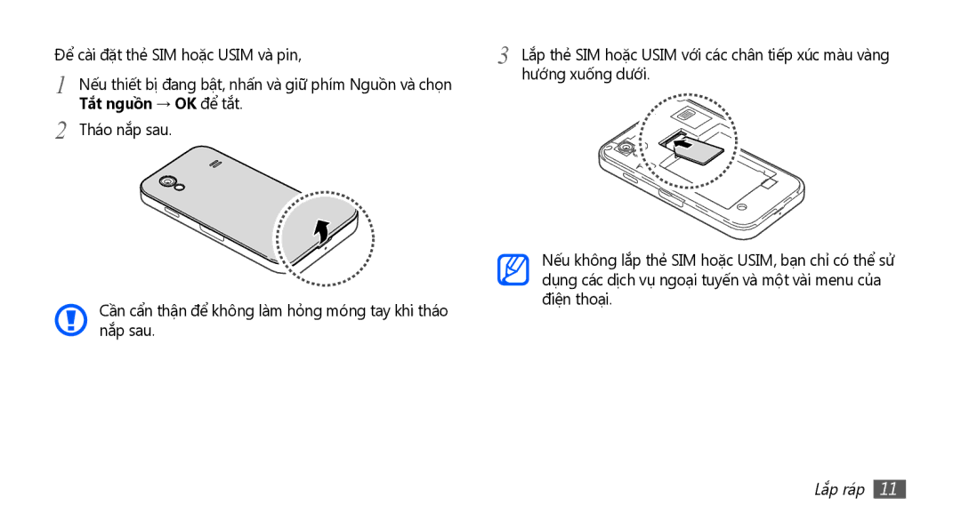 Samsung GT-S5830UWIXXV, GT-S5830UWIXEV, GT-S5830OKIXEV, GT-S5830OKIXXV manual Tắt nguồn → OK để tắt, Tháo nắp sau, Lắp ráp 