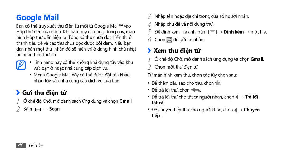 Samsung GT-S5830RWIXEV, GT-S5830UWIXEV, GT-S5830OKIXEV manual Google Mail, Gửi thư điện tử, Xem thư điện tử, 46 Liên lạc 
