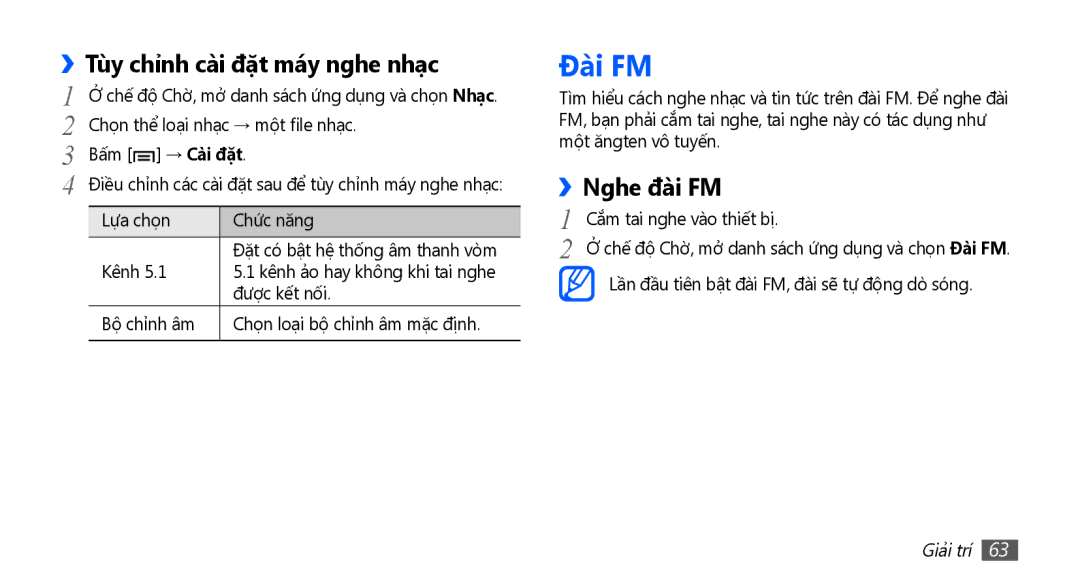 Samsung GT-S5830RWIXXV, GT-S5830UWIXEV, GT-S5830OKIXEV manual Đài FM, ››Tùy chỉnh cài đặt máy nghe nhạc, Nghe đài FM 