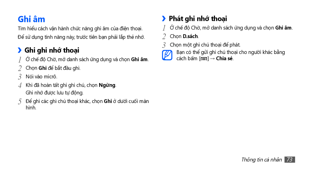 Samsung GT-S5830OKIXEV, GT-S5830UWIXEV, GT-S5830OKIXXV, GT-S5830RWIXXV manual Ghi âm, Ghi ghi nhớ thoại, Phát ghi nhớ thoại 