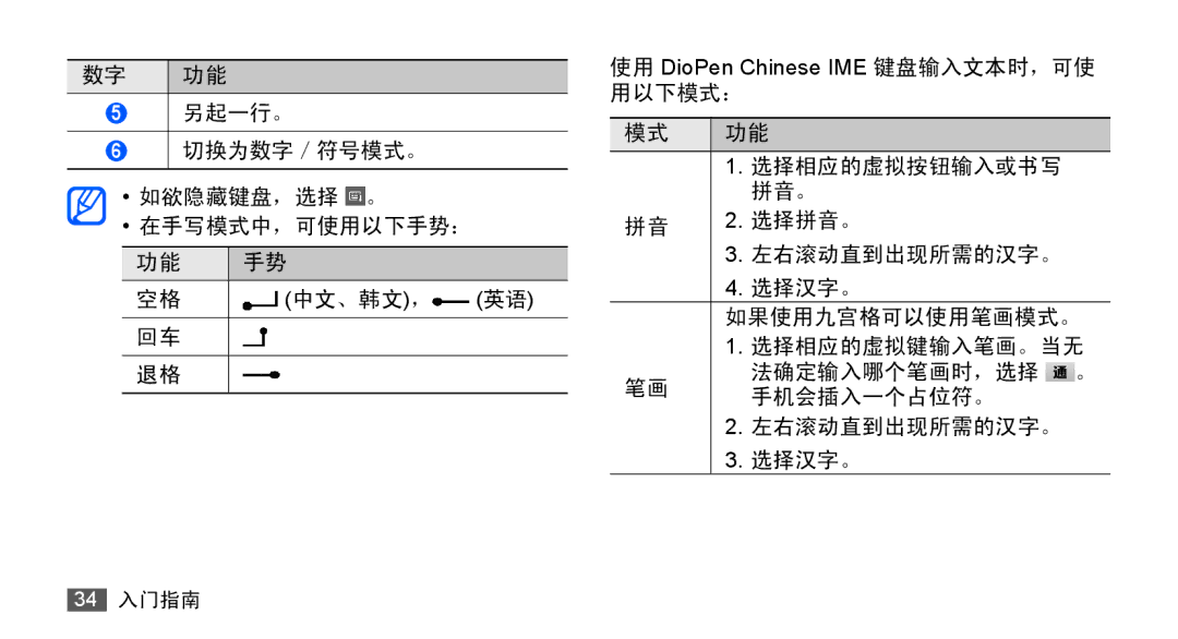 Samsung GT-S5830RWIXEV, GT-S5830UWIXEV, GT-S5830OKIXEV, GT-S5830OKIXXV, GT-S5830RWIXXV, GT-S5830UWIXXV manual 34 入门指南 