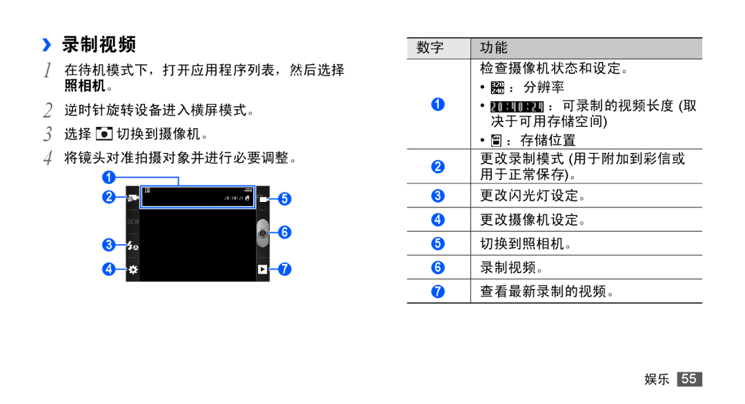 Samsung GT-S5830OKIXEV, GT-S5830UWIXEV, GT-S5830OKIXXV, GT-S5830RWIXXV, GT-S5830RWIXEV, GT-S5830UWIXXV manual ››录制视频 