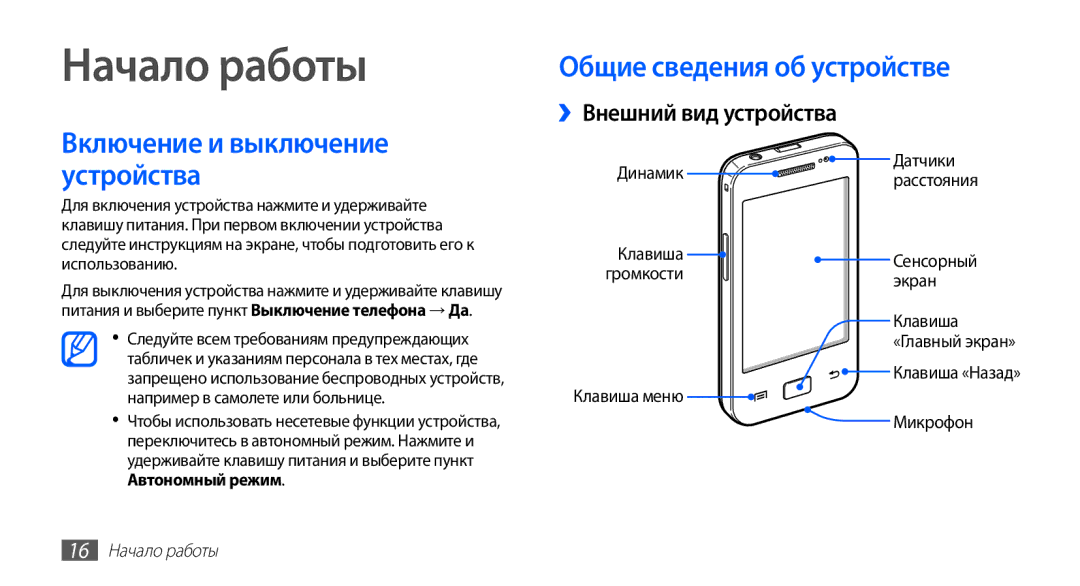 Samsung GT-S5830UWZSEB manual Общие сведения об устройстве, ››Внешний вид устройства, Микрофон, 16 Начало работы 