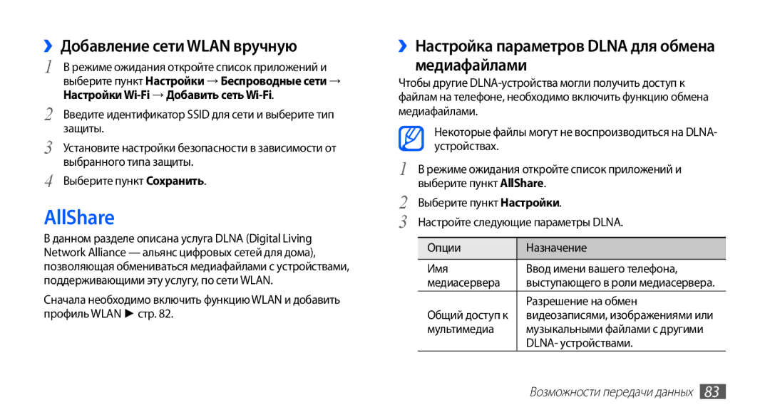 Samsung GT-S5830OKISVZ manual AllShare, ››Добавление сети Wlan вручную, ››Настройка параметров Dlna для обмена медиафайлами 