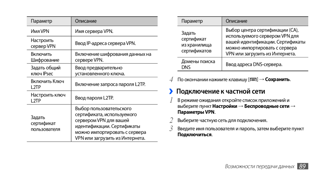 Samsung GT-S5830PPIMTS, GT-S5830UWZSEB, GT-S5830OKISEB, GT-S5830OKIMTS manual ››Подключение к частной сети, Подключиться 