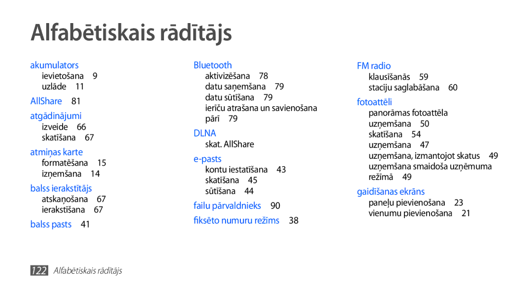 Samsung GT-S5830UWZSEB, GT-S5830OKISEB manual Alfabētiskais rādītājs, Ierīču atrašana un savienošana pārī , Skat. AllShare 