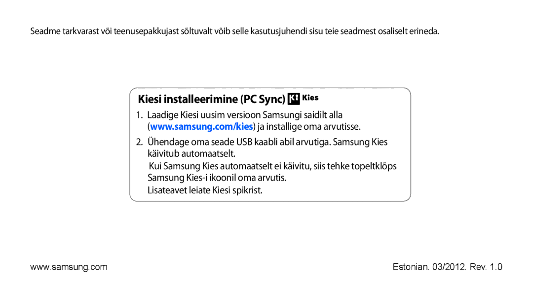 Samsung GT-S5830UWZSEB, GT-S5830OKISEB manual Kiesi installeerimine PC Sync 